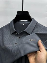 Men's Polos High End Brand Fashion Ice Silk Short Sleeved POLO Shirt 2024 Summer Stripe Diamond Printed T-shirt Casual Top