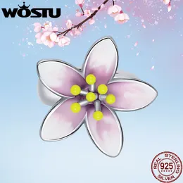 Loose Gemstones WOSTU Real 925 Sterling Silver Pink Flower Charms Romantic Lovely Cherry Blossom Spacer Beads Fit Original Bracelet DIY