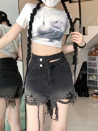 Womens High Waisted Hollow Button Design Black Grey Denim Shorts Summer Irregular Mini Jeans Female Ragged Fringe Pants 240418