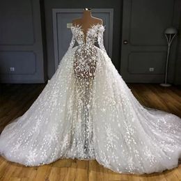 2024 Arabische Meerjungfrau Brautkleider Brautkleider mit abnehmbarem Zug Langarm Perlen Spitzen Applized Robe de Mariee auf Lager KC