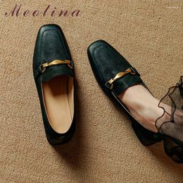 Casual Shoes Meotina Women Genuine Leather Loafers Square Toe Flat Metal Decoration Fashion Ladies Footwear Autumn Spring Black 40