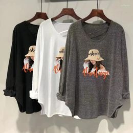 Women's T Shirts Plus Size 6XL 150KG Autumn Women Cartoon Female Long Sleeve O Neck Casual Tshirts Loose Tops White Black Oversized Tees