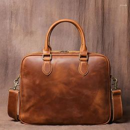 Briefcases Crazy Horse Leather Men Briefcase For Man Suitable Storing Documents 14 Messenger Bag Business Retro Brown Handbag