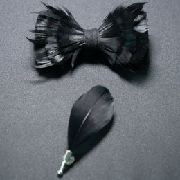 Luxury Wedding Bow Tie for Men Classic Black Pretied Bowtie brooch Set Party feather Butterfly Knot Gift Man Accessories 240412