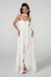 Chiffon Backless Sexy Beach Dress Ruffle Maxi Wedding Evening White Sleeveless Elegant Long Summer Dresses For Women 240424