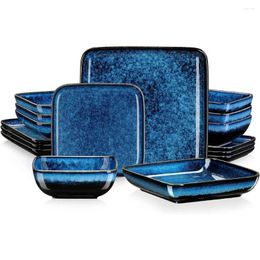 Plates Blue Dinner Set Square Reactive Glaze Tableware 16 Pieces Kitchen Dinnerware Stoare Crockery With Plate Dish