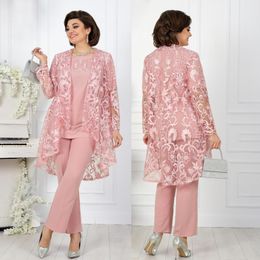 Pink Lace Mothers Pant Suits With Long Sleeves Jacket Plus Size Wedding Guest Dress Bateau Neck Mother Of Bride Dresses