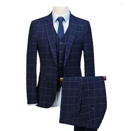 Men's Suits Mens Suit Royal Blue 3 Pieces Plaid Slim Fit Wedding Groom Tweed Wool Tuxedos For (Jacket Pants Vest)