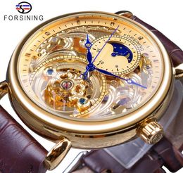 Forsining 2018 Royal Golden Skeleton Display Blue Hands Brown Genuine Leather Belt Mens Mechanical Wristwatches Clock Male9185441