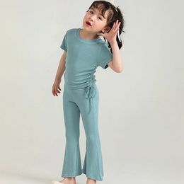 Summer Girl Clothes Suit Round-Neck Short Sleeve BlouseFlared Trousers Simple Designed Fashion Casual Outing Sets Kids Outfit 240426