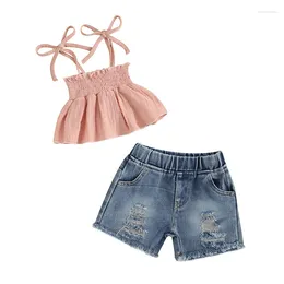 Clothing Sets Toddler Kids Baby Girls Summer Outfits Tie-up Pleated Ruffle Camis Tops With Ripped Denim Shorts Set