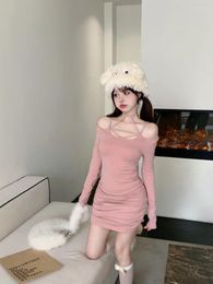 Casual Dresses Off Shoulder Lace Halter Neck Dress For Women In Winter Pure Sexy Pink Slim Fit Pleated Wrapped Hip Short Female Clothes