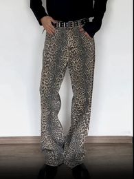 American Leopard Wash Jeans for Women Y2K Retro Street Girl Loose Korean Style Casual High Waist Straight Jeans Baggy Jeans 240419