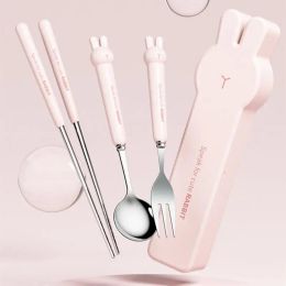 Sets Cute Cartoon 304 Stainless Steel Tableware Spoon Fork Chopsticks Set Children Students Travel Tableware Gift Kitchen Accessories