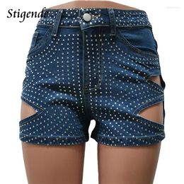 Women's Jeans Stigende Women Rhinestone Cut Out Short Sexy Slim Fit Sequin Denim Shorts Y2K Streetwear
