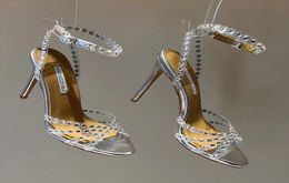 New Season Aquazzura Shoes Tequila Sandals 105 Sparkling Party Italy Clear Pvc Crystals Stiletto Heel Wedding Bride2993990