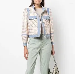 Women's Jackets Denim Patchwork Tweed Crop Jacket Contrast Striped Gingham Weave Knit Fringed Embossed Button-Up Cotton Short Outerwear