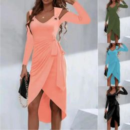 Casual Dresses Dress For Women Solid Colour Metal Buckle V-neck Off Shoulder Long Sleeve Elegant Tie Up Split Party Femme