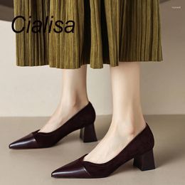 Dress Shoes Cialisa 2024 Women's Spring Fashion Patchwork Genuine Leather Pointed Toe Pumps Elegant Ladies 5cm Mid Heels Footwear