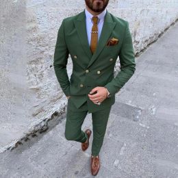 Suits Fashion Men Suits Green Chic Peak Lapel Double Breasted Solid 2 Piece Formal Casual Groom Wedding Tuxedo Slim Fit Blazer Pants