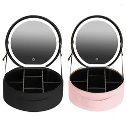 Cosmetic Bags Ladies Round Wash Bag With Mirror LED Light Women Make Up Pouch Portable Waterproof Large Capacity PU Leather Travel Makeup