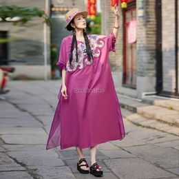 Ethnic Clothing 2024 Women Improved National Style Chinese Dress Plus-size Loose Embroidered Ramie Cotton Chiffon Fashion T001