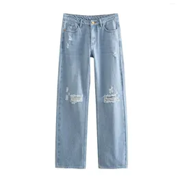 Women's Jeans Spring Summer Casual Trousers Washed Light Blue With Cut Holes Decorated Mid-Waist Straight Wide Leg Denim Pants Women