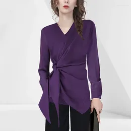 Women's Blouses Fashion Women Asymmetrcial Purple Lace-up Shirt Long Sleeve V-Neck Elegant Slim French Style Female Spring Summer Tops