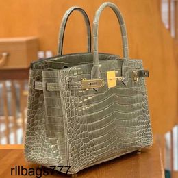 Sewn Platinum Luxurys Handbag Leather Bag Big Bag 30 Nile Crocodile Fashion Portable Womens Bag Luxury Turtle Grey