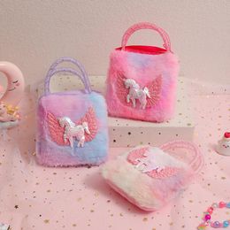 Unicorn Cartoon Plush Shoulder Bag for Children Crossbody Kindergarten Girls Portable Small Square Zero Wallet 240424