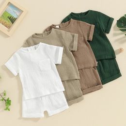 born Baby Boys Summer Clothes Sets Solid Cotton Linen Pocket Short Sleeve T-shirtsButton Pocket Shorts Beach Casual Outfits 240418