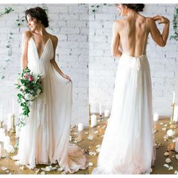 V-Neck Deep Sweep Simple 2020 Train Wedding Dresses With Straps Sex Flow Chiffon Backless Beach Brudklänningar