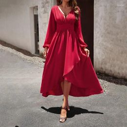 Casual Dresses Deep V-neck High Waist Tunics Long Maxi A-line Dress Elegant 2024 Autumn Solid Colour Irregular Evening Party