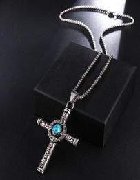 Fashion- Natural Black Blue Turquoises Pendant Necklace Men Vintage Stainless Steel Religious Jesus Crucifix Male Jewelry3697360