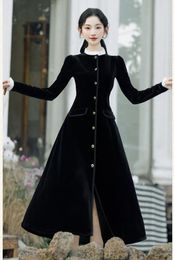 Casual Dresses French Style Black Velvet Dress Woman Vintage Vicotrian Lace Ruffles Collar Petal Sleeve Elegant Lady Midi Vestido Fiesta