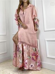 Casual Dresses Elegant Lantern Sleeve Sundress Women Dress Fashion Lapel Neck Boho Printing Shirt Single Breasted Maxi Robe Femme