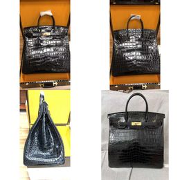 Totes Men Fully Handmade 40Cm Shinny Crocodile Skin Handbag Mens Golden Hardware Purse Designers Bag Wax Line Ing s Original Quality
