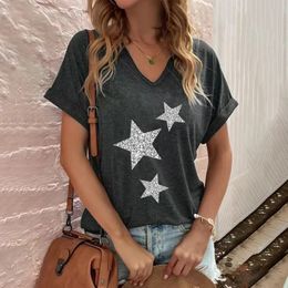 Fashion Vneck Tops Womens TShirts FivePointed Star Printed T Shirt For Women Summer Short Sleeve Casual Loose Streetwear 240426