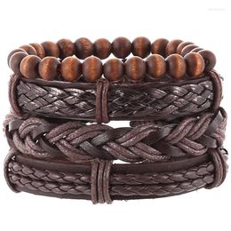 Charm Bracelets 4pcs/set Dark Brown Leather Band Wax Cord Knots Round Wood Beads Hippie Punk Layers Stackable Wrap Wide Man Bracelet Bangles