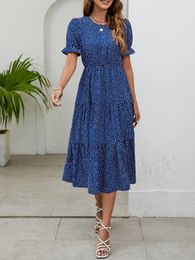 Spring/Summer Dress with Polka Dot Print Short Sleeve Bubble Round Casual Long 240423