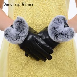 Winter Warm Real Leather Glove With Rex Rabbit Fur Female Genuine Leather Gloves Women With Genuine Rabbit Fur Hand Wrist