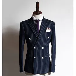 Men's Suits Stripe Business Formal Men With Double Breasted 2 Pcs Custom Navy Blue Groom Wedding Tuxedos Male Fashion Jacket Pant