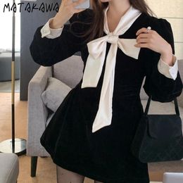 Casual Dresses Matakawa Bow Lace Up Women Velvet Korean Fashion A-line Vintage Elegant Vestidos Mujer Autumn Winter Mini Dress