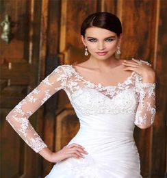 Sheer ScoopVneckHighBateau Neck Long Sleeve Covered Buttons Lace Applique Bridal Wraps Jackets For Wedding Dresses Bridal Ac9433714