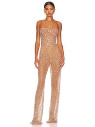 Sexy Straps Perspective Mesh Crystal Diamond jumpsuit Women Apricot Sleeveless Backless Shiny Rhinestone Jumpsuits Party Club 240424