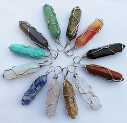 Natural mixed Stone Pendant for Necklace charm Handmade Wire Jewelry Quartz Crystal Tiger Eye Rose Stone Pendants 24pc8056391