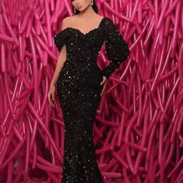 Black Sequined Mermaid Ebi Aso Evening Dresses Glitter Sparkly Long Formal Party Gowns Off Shoulder One Sleeve Prom Dress Custom Made Robe De Soriee