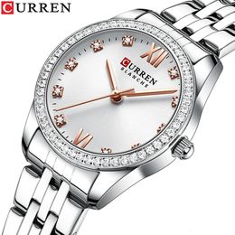 CURREN Classy Dress Watches for Women Stainless Steel Band Clock Female Rhinestone Dial Slim Wristwatches Ladies 240425