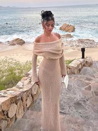 Elegant Women Knitted One Neck Long Sleeve Sexy See-through Beach Wrap Dress Summer Party Beachwear Swimsuit Cover Up A2840