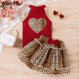 MiniFox 2pcs Summer Sets For Girls Kids Heart Graphic Halter Neck Top and Leopard Cake Skirts Childrens Clothing Girls Outfit 240426